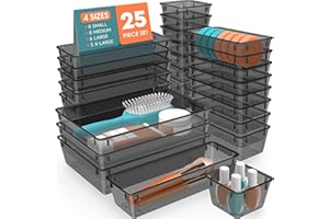 SpaceHacks 25 PCS Plastic Drawer Organizer Set, 4-Size Versatile Organizer Trays & storage Bins for Makeup, Jewelry, and Gadgets in Bathroom, Bedroom and Office,Clear Black