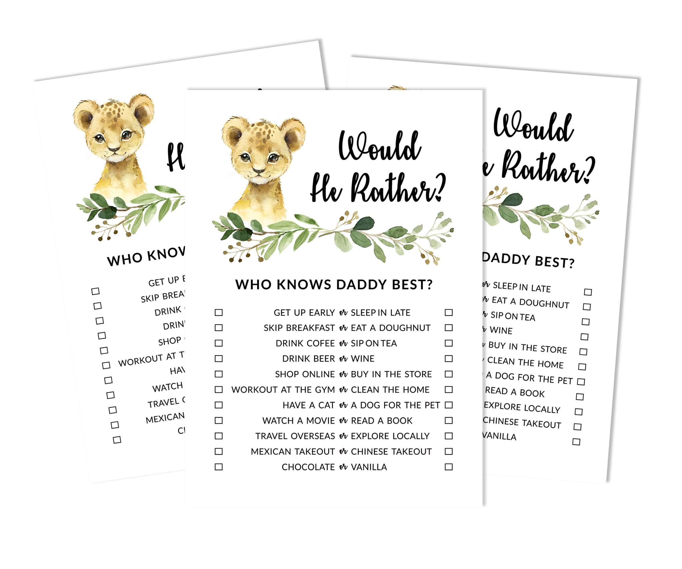 Inkdotpot Baby Cheetah Jungle Animals Who Knows Daddy Best Baby Shower Game Cards Fun Activity Cards Set Of 50 Party Theme โ image 1