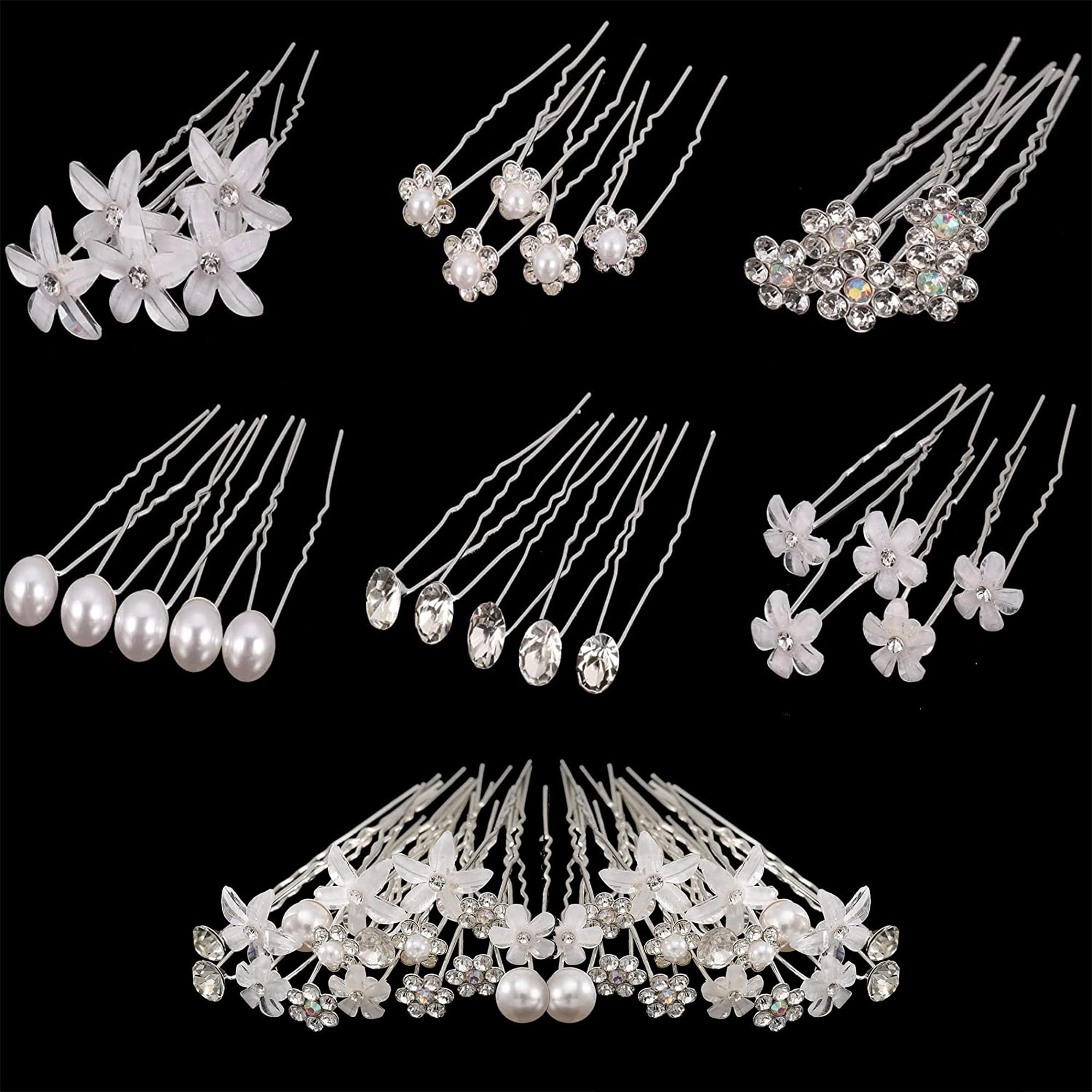 Crystal Pearl U Shaped Hair Pins 30Pcs for Women Wedding, Diamond and Diamante Hair Clips for Girl