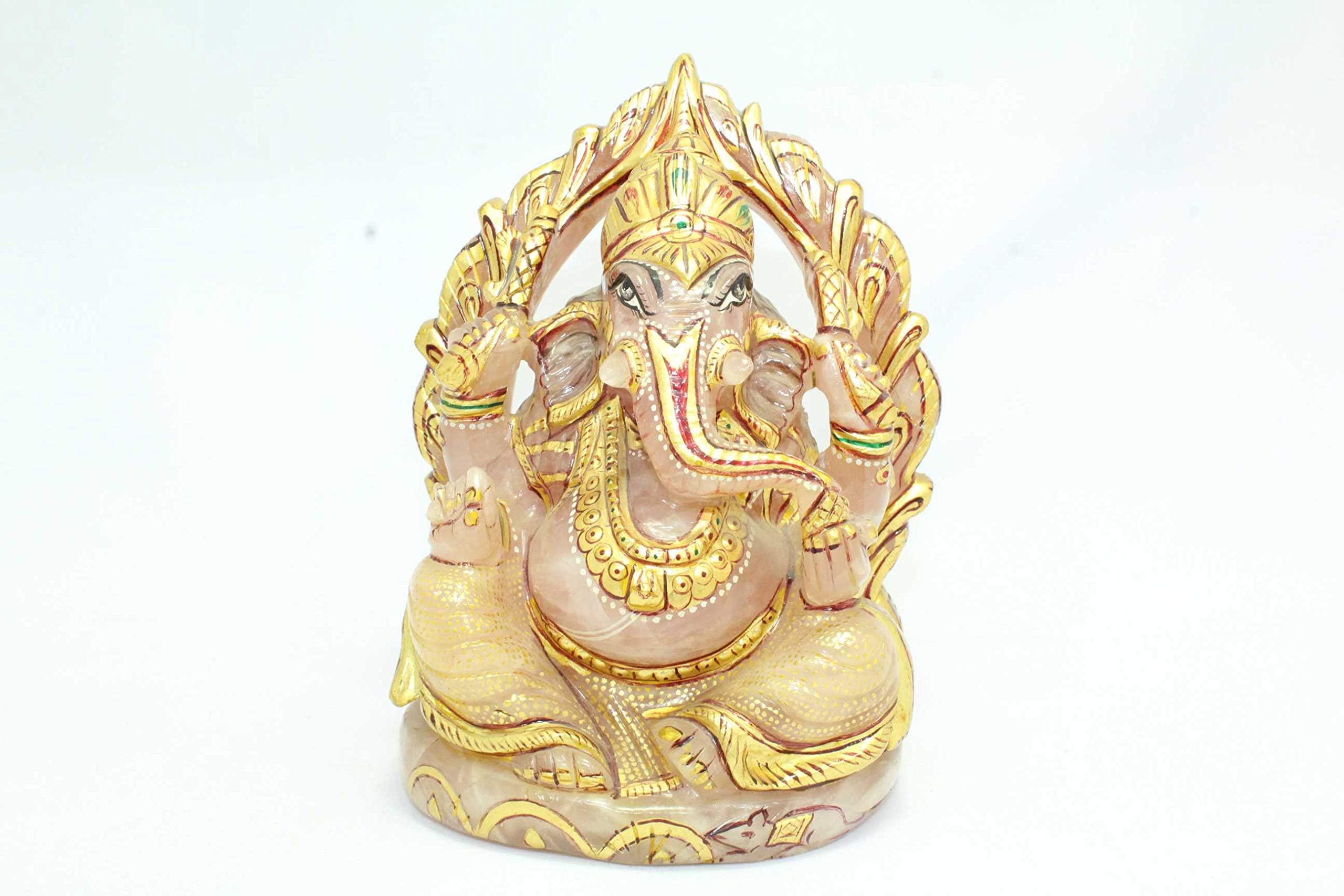 Rajasthan Gems Pink Rose Quartz Natural Stone God Ganesha Statue Hand Gold Painted Decorative
