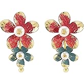 Flower Earrings for Women Colorful Enamel Petal Stud Pearl Floral Layered Earrings Gold Red Blue Purple Flowers Stud Holiday Party Fashion Statement Jewelry