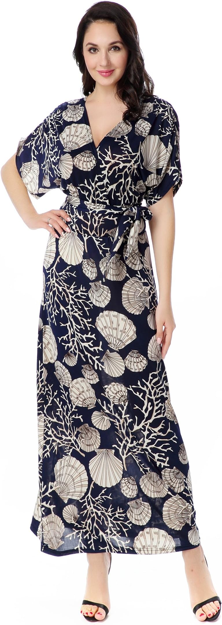 SeeU29 Women Sea Life Pattern Wrap Waist Full Length Vintage Maxi Dress Plus Size