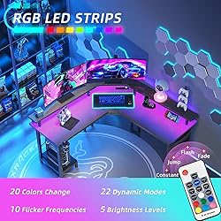 L Shaped Gaming Desk with LED Lights & Power