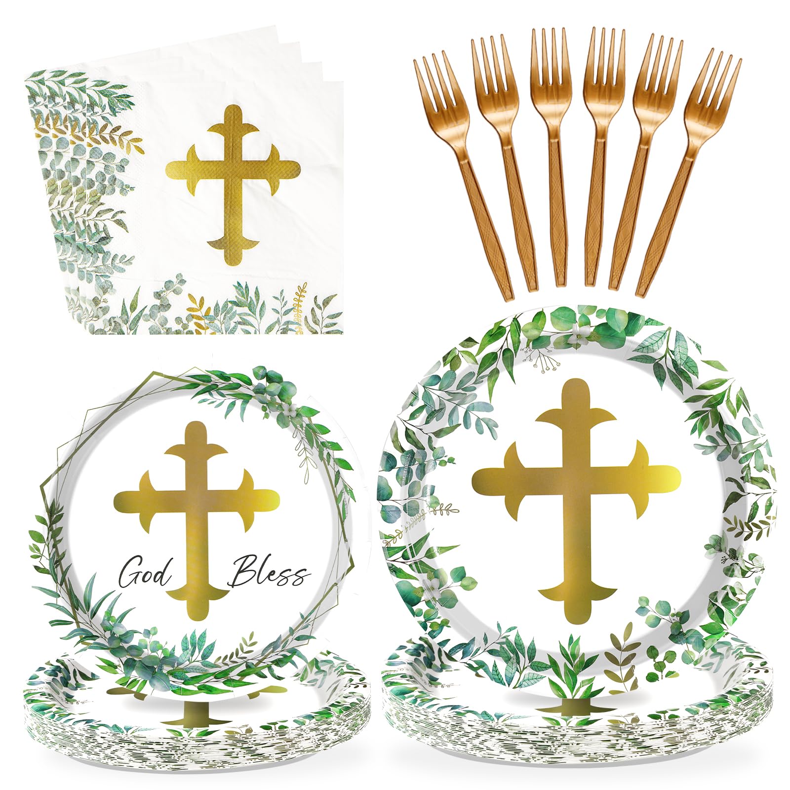 96 Pcs God Bless Plates and Napkins Baptism Decorations Tableware Set Mi Bautizo Eucalyptus Leaf Sage First Communion Decorations for Boys Girls Christening Wedding Bridal Baby Shower Serves 24