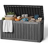EasyUp 85 Gallon Outdoor Storage Box, Resin Waterproof UV-Resistant Deck Box, Reinforced Stability for Patio, Garden, and Poolside, Striped Black