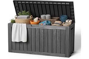 EasyUp 85 Gallon Outdoor Storage Box, Resin Waterproof UV-Resistant Deck Box, Reinforced Stability for Patio, Garden, and Poolside, Striped Black