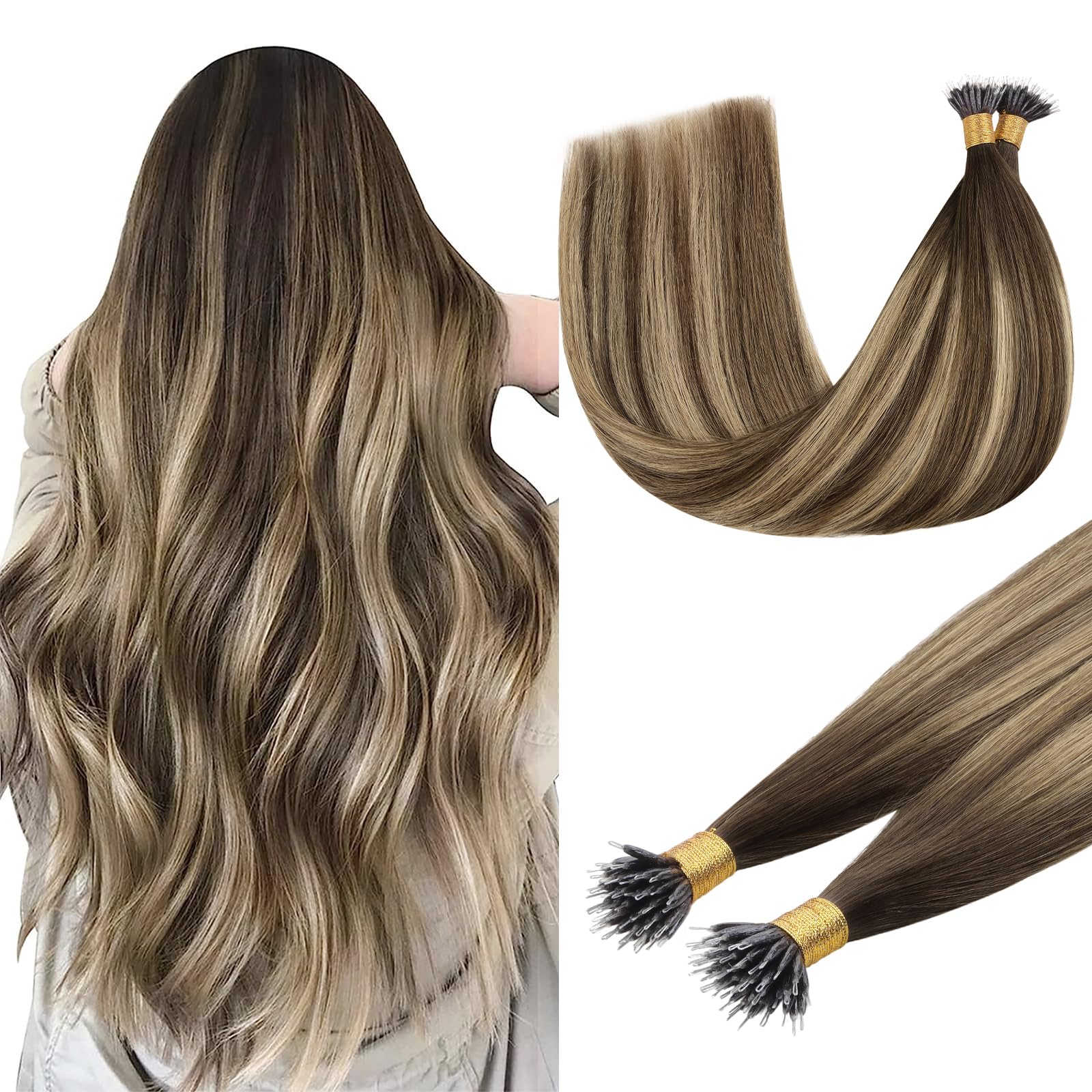 DOORES Nano Hair Extensions Real Human Hair, Chocolate Brown to Honey Blonde 14 Inch 50g 100s, Cold Fusion Nano Beads Hair Extensions Lightweight โ image 1