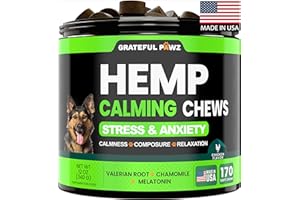 GRATEFUL PAWZ Hemp Calming Chews for Dogs - Dog Anxiety Relief & Stress - Dog Calming Treats - Travel, Thunder, Separation - Hemp Oil - Valerian - Melatonin for Dogs - Sleep Aid for Dogs - 170 Pet Soft Bites