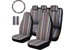 AKAUTO Baja Saddle Blanket Car Seat Covers Full Set with Seat Belt Pads and Steering Wheel Cover, Universal Colorful Striped Woven Interior Cover for Sedan, SUV, Truck, Airbag Compatible
