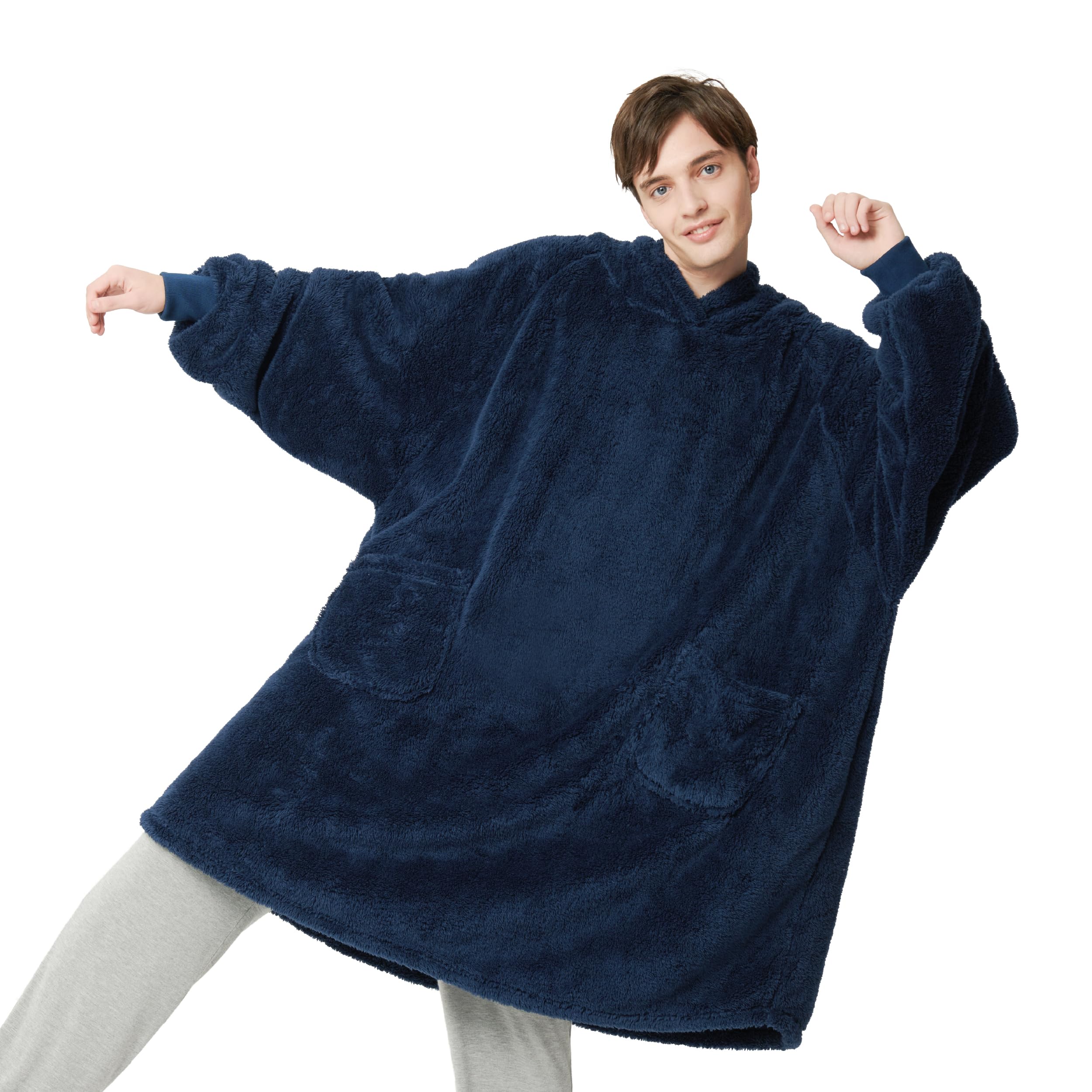 Bedsure Wearable Blanket Hoodie Women - Fluffy Fleece Hoodie Blanket for Adults Men, Warm Hooded Blanket as Gifts for Her, Navy, XL