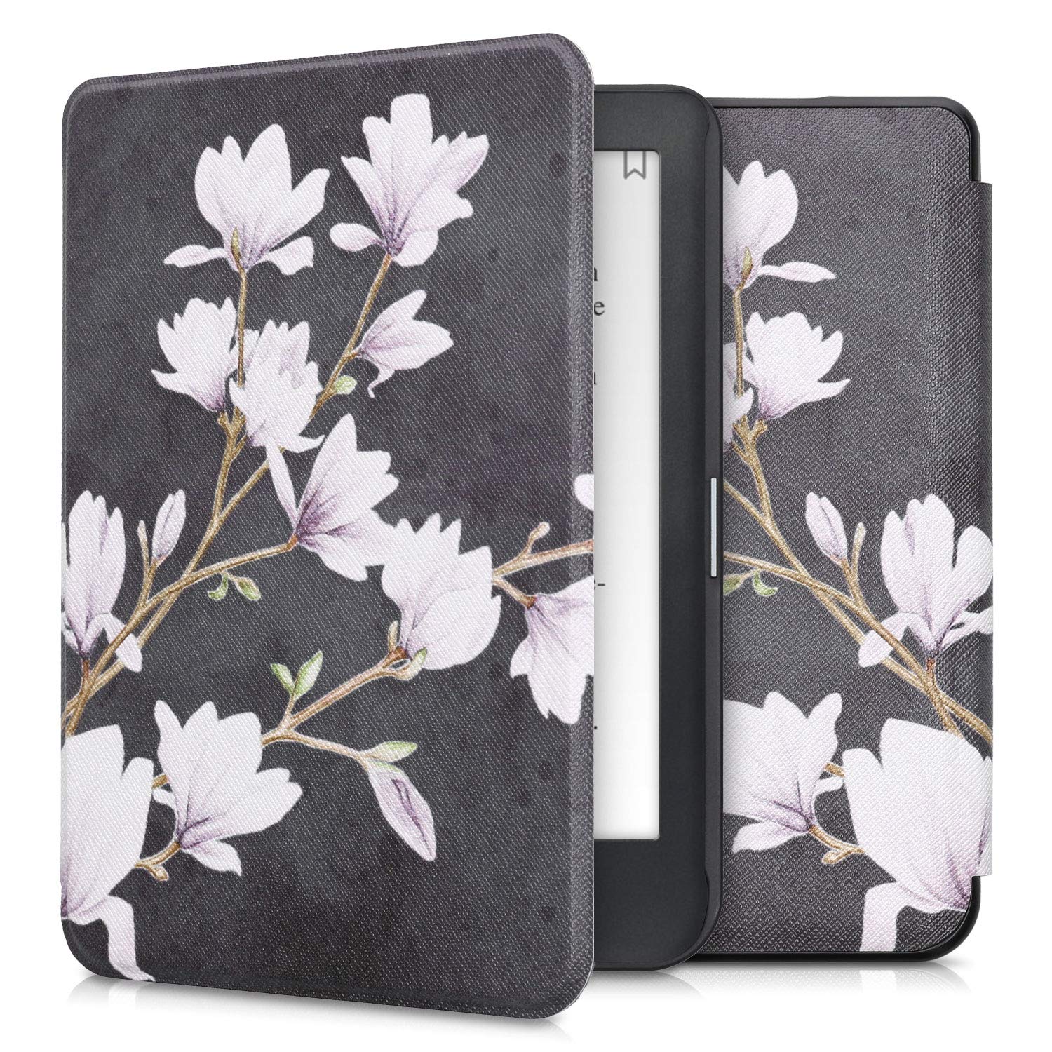 kwmobile Cover for Kobo Clara HD Case - eReader Cover with auto sleep funktion - Magnolias with Taupe/White/Dark Grey