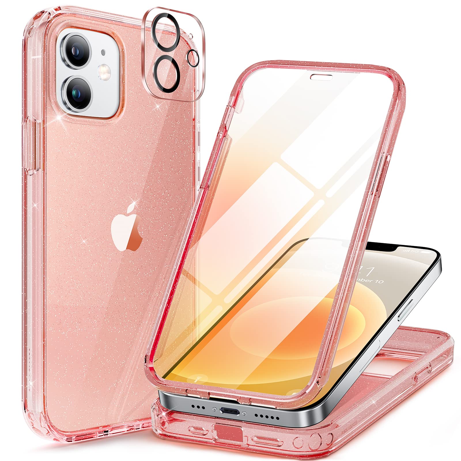 Photo 1 of Miracase Glass Series for iPhone 12/12 Pro Case 6.1 inch, Upgraded Full-Body Rugged Phone Bumper Case Cover with Built-in 9H Tempered Glass Screen Protector and Camera Protector, Glitter Rose