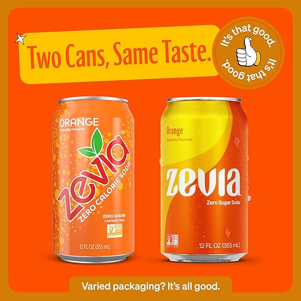 ZEVIA ZERO SUGAR SODA, ORANGE, 12 OZ CANS (8-PACK) – NATURALLY SWEETENED, NON-GMO PROJECT VERIFIED, GLUTEN-FREE, VEGAN
