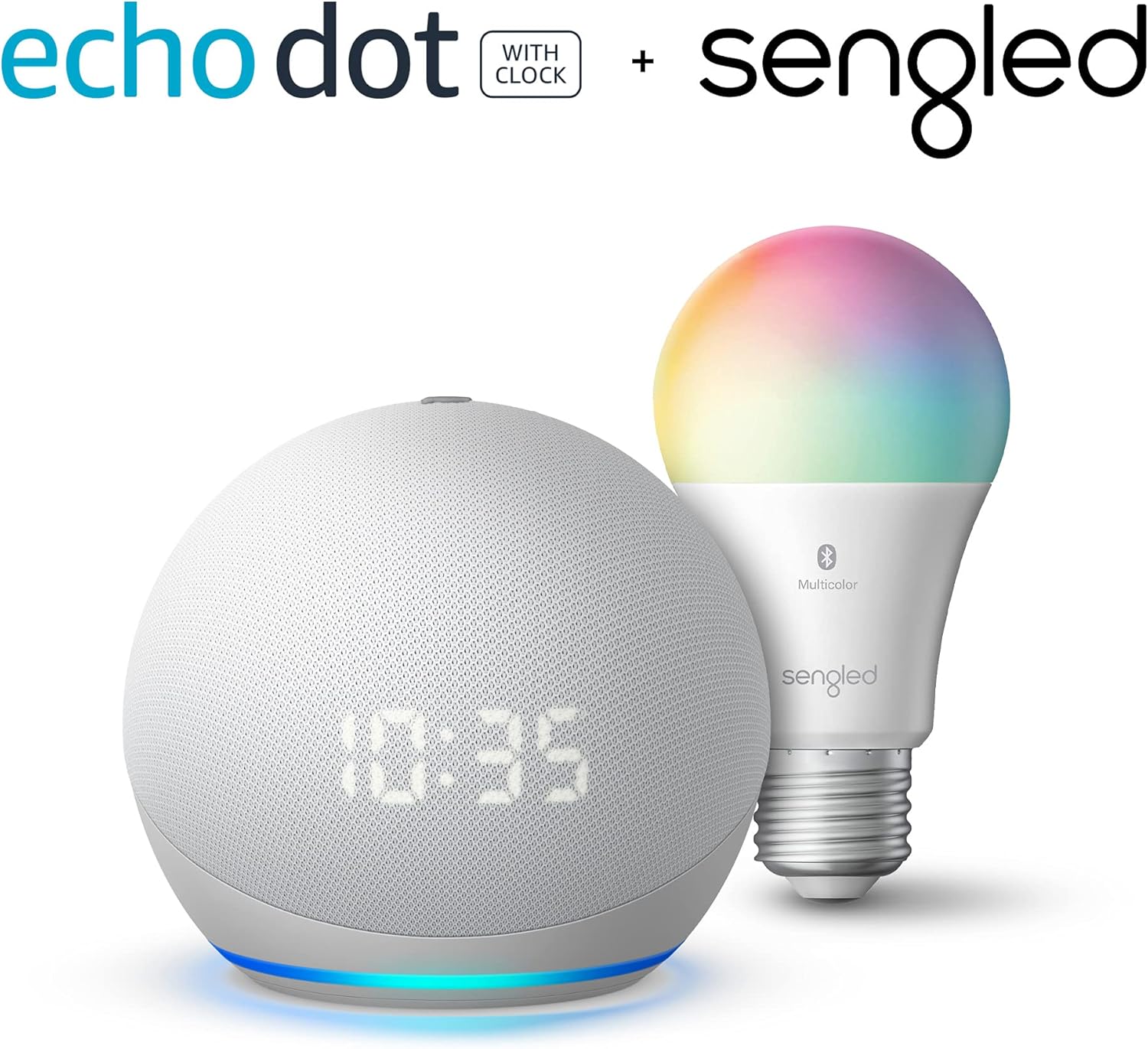 Echo Dot (4th Gen) with Clock with Sengled Color Bulb, Glacier White
