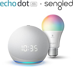 Echo Dot (4th Gen) with Clock with Sengled Color Bulb, Glacier White
