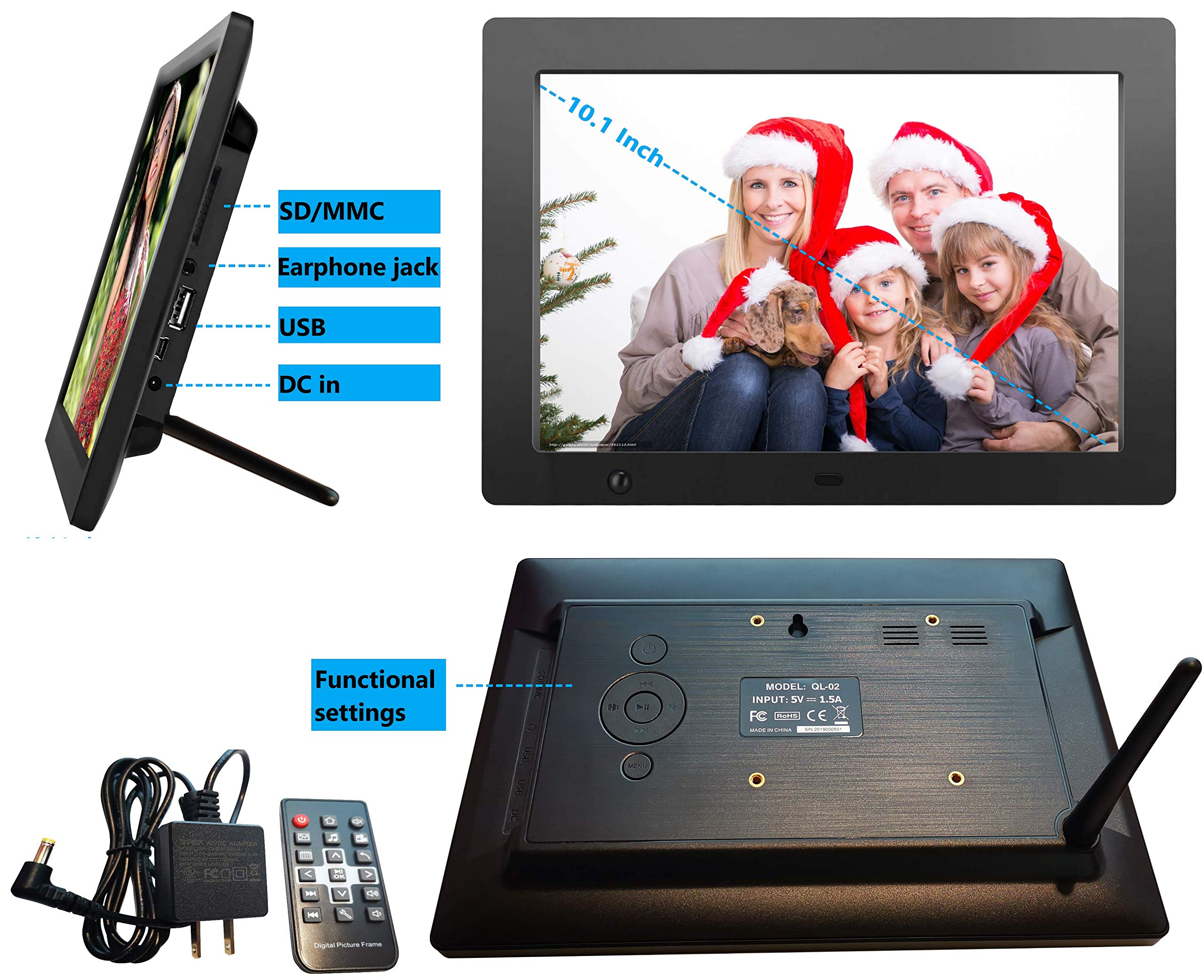 Digital Picture Frame 10.1 in, Digital Photo Frame Video Player with Motion Sensor Smart Electronics Picture Frame High Resolution 1024x768 IPS LCD/1080P 720P /Stereo/MP3/Calendar/Time/Remote Control