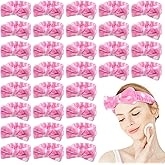 Prasacco 50 Pcs Pink Spa Headband for Women, Soft Coral Fleece Headband for Washing Face Cute Skincare Headbands with Bow Elastic Polyester Makeup Headbands for Women Girls