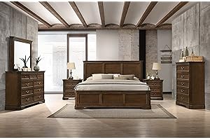 Roundhill Furniture Maderne Traditional Wood Panel Bed with Dresser, Mirror, Two Nightstands, Chest, Queen, Antique Walnut Finish