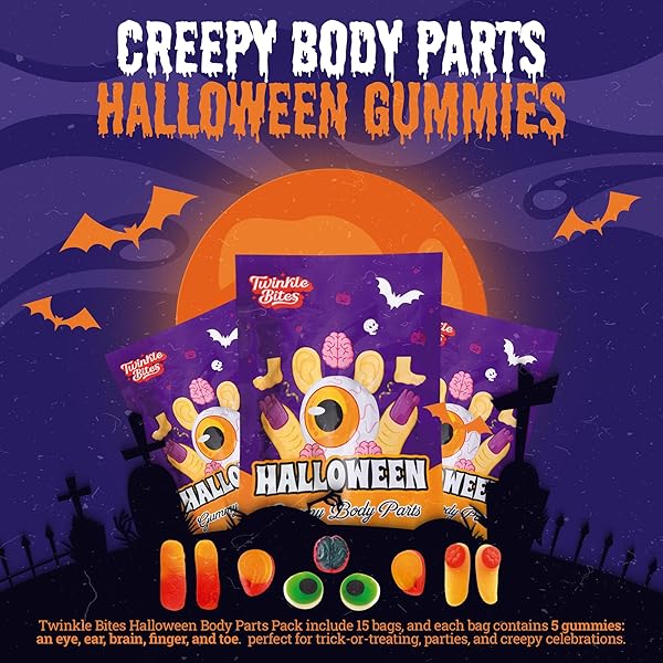 15 PACK HALLOWEEN GUMMY BODY PARTS – 5 PCS PER BAG (75PCS PER BOX ) HOLIDAY THEMED GUMMY CANDY – TRICK OR TREAT DELICIOUS CANDYS – BULK HALLOWEEN CANDY’S GREAT USE, FOR KIDS, TRICK OR TREAT, PARTY FAVOR, CLASSROOMS, GOODIE BAGS