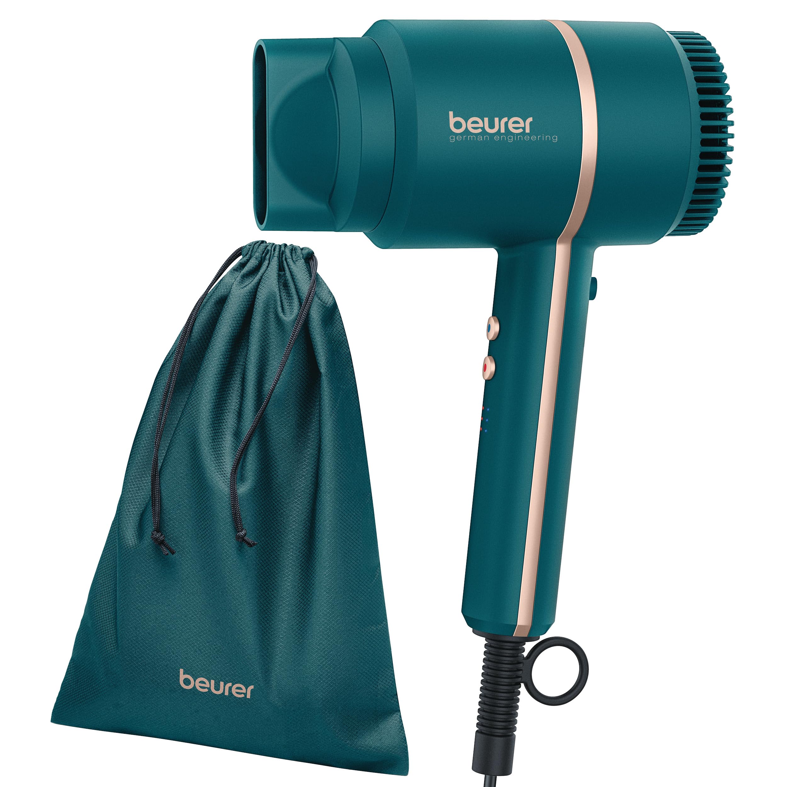 Beurer HC35 Ocean Compact Hair Dryer with Ion Function, Lightweight Hairdryer Ideal for Travel, with Narrow Styling Nozzle & Storage Bag, Powerful 1600-2000 Watt