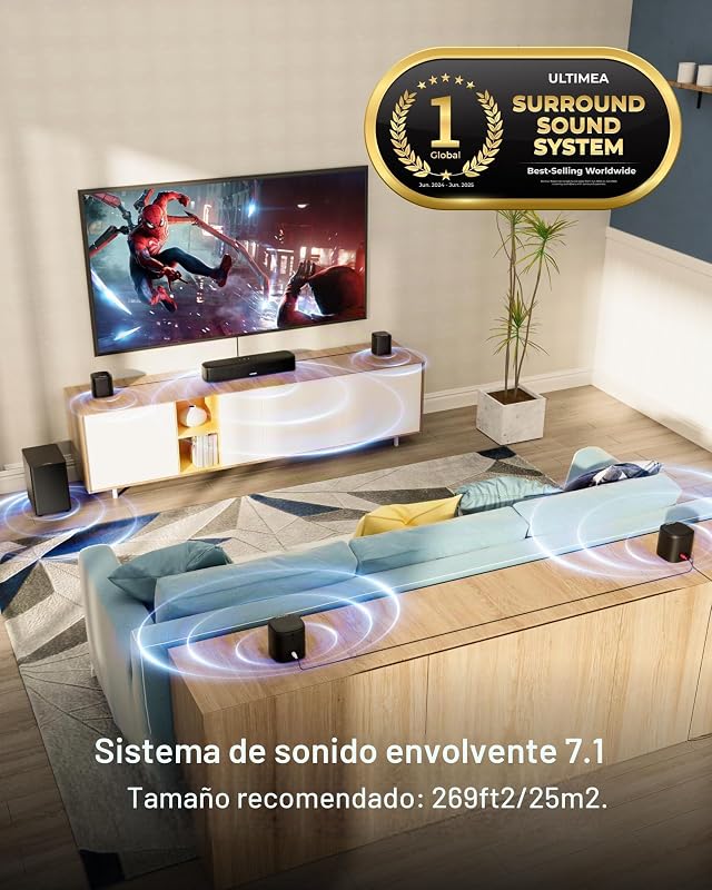 Barra de Sonido 7.1 Canales para TV, Sistema de Sonido Envolvente para Cine en Casa, 4 Altavoces Envolventes, Subwoofer de 4", Control por App, Ecualizador Ajustable, Bluetooth 5.3, Aura A40