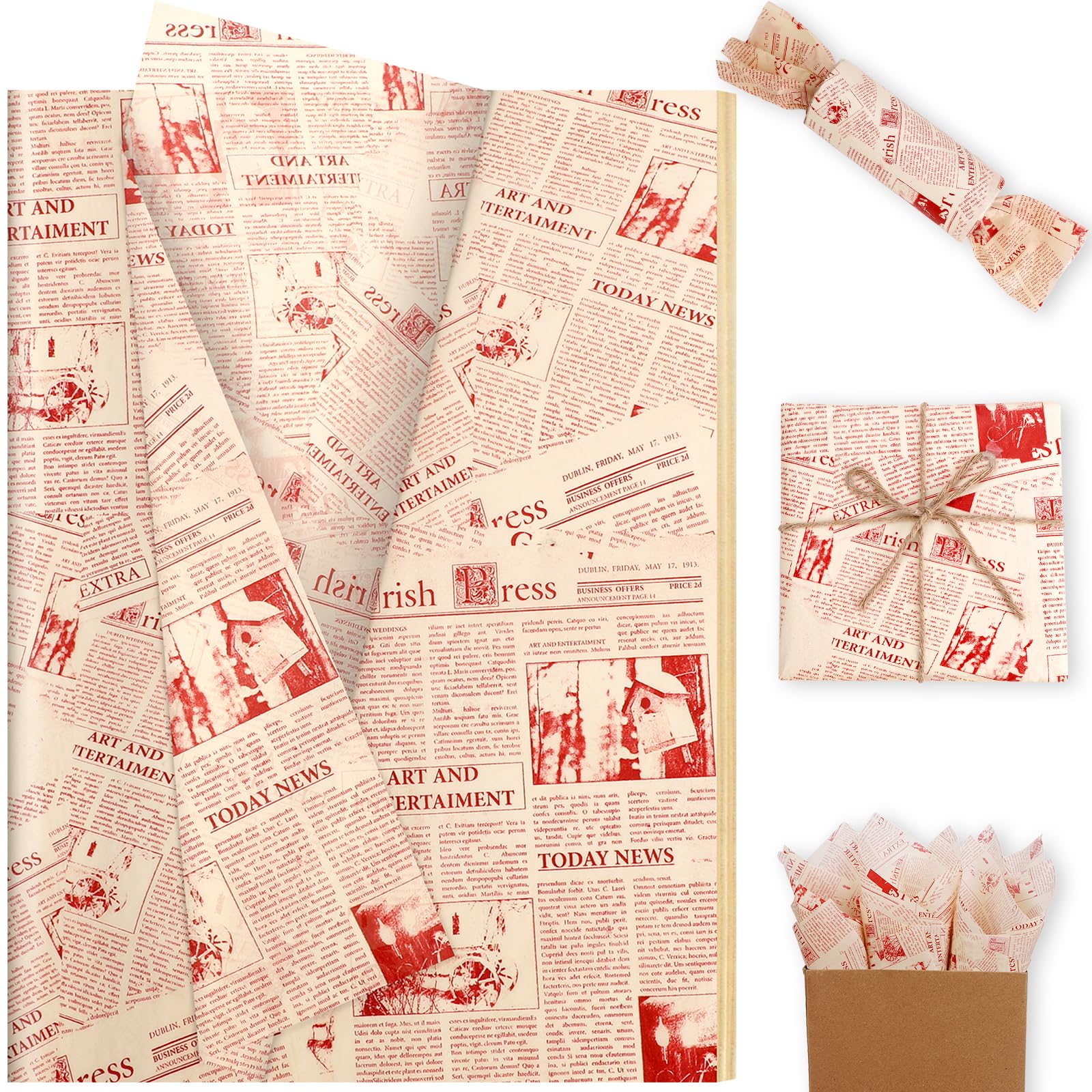 Photo 1 of 100 Sheet Red Vintage Newspaper Tissue Paper, Red 20x14in Old Newsprint Gift Wrapping Paper Retro Kraft Magazine Art Craft Newsprint Tissue for Wedding Valentine's Day Birthday Party Decor Gift Crafts