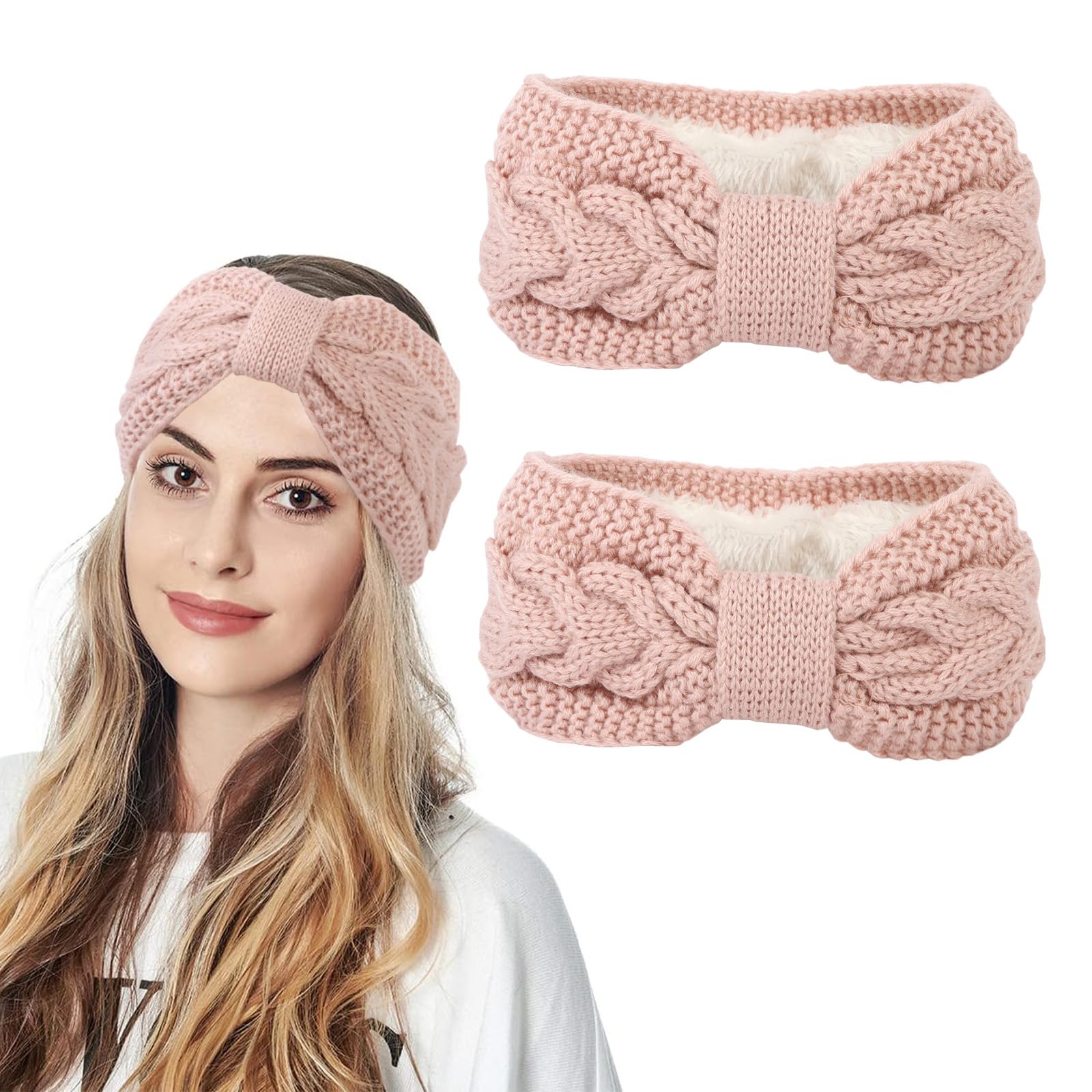 2pcs Winter Knitted Headband, Women Bow Braided Hair Band Wraps Thick Hairband Thermal Wide Headbands for Skiing Running Outdoor (Pink)