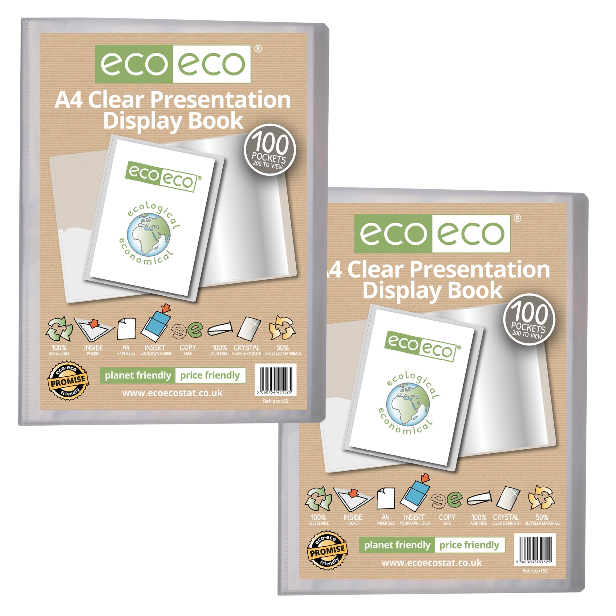 eco-eco A4 Size 50% Recycled 100 Pocket Clear Presentation Display Book, Storage Case Portfolio Art Folder with Plastic Sleeves with Clear Display Box, Pack of 2, eco152x2