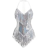 IBAKOM Sexy Sequins Fringe Bodysuit Halter Lace Up Back Jazz Latin Dance Tassel Leotard Acrobat Costume Rave Concert Outfits