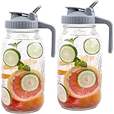 Mason Jar Pitcher Wide Mouth 2 Pack 64 OZ Glass Pitcher With Pour Spout Lids Airtight Leak-proof 2 Quart Water Carafe With Handle For Beverage, Iced Tea, Milk, Sun Tea, Lemonade, Iced Coffee