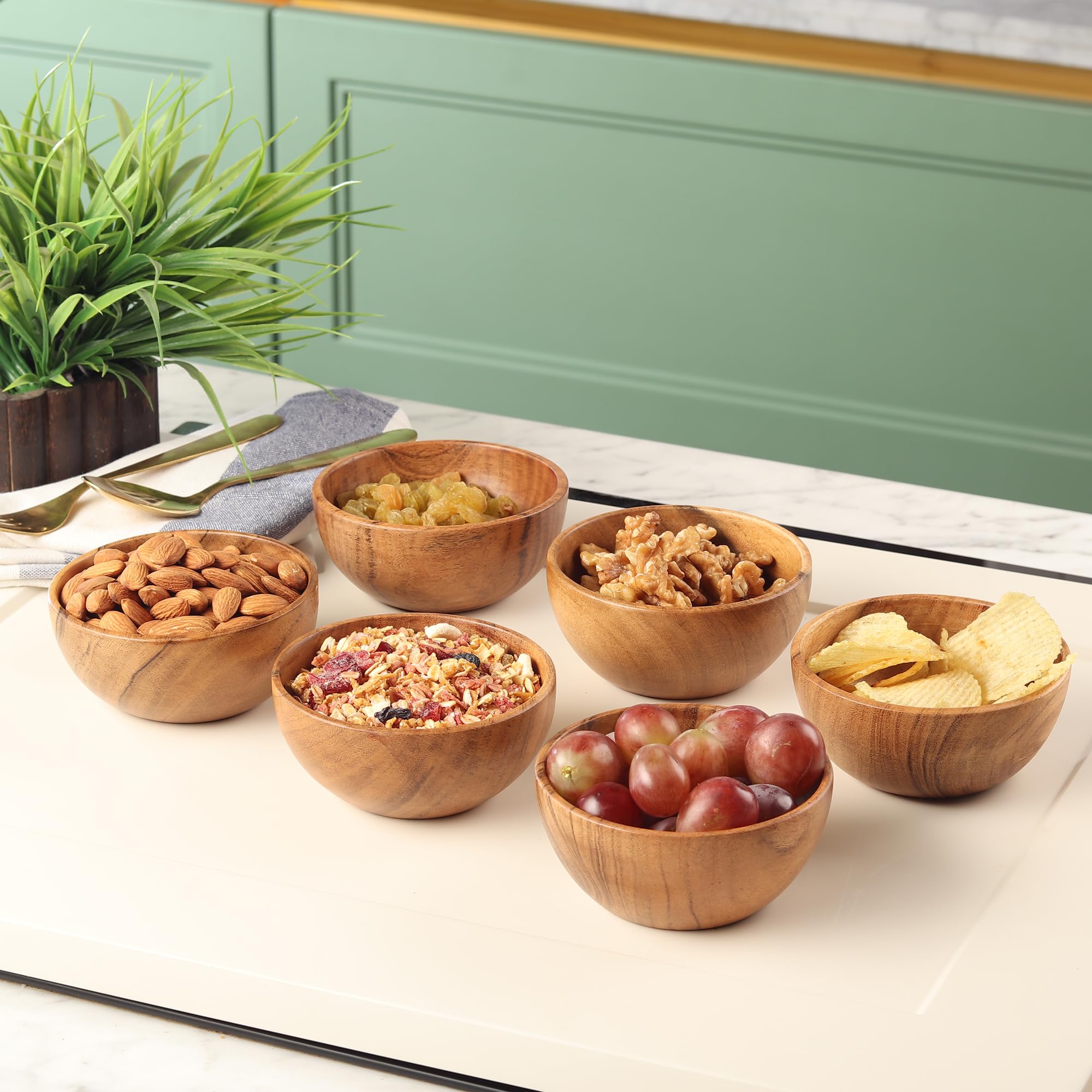 LAVAUX DESIGNS Set of 6 small acacia wood dessert bowls 4.2 * 2 inches | 8 oz capacity | Charcuterie accessories | use for dipping, condiments, nuts, ice cream, snacks, sauce, dips - Image 4