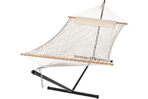 SUNCREAT Double Outdoor Hammock with Stand Included, Portable Cotton Rope 2 Person Hammock for Outdoor, Patio, Garden, Backyard, Beige