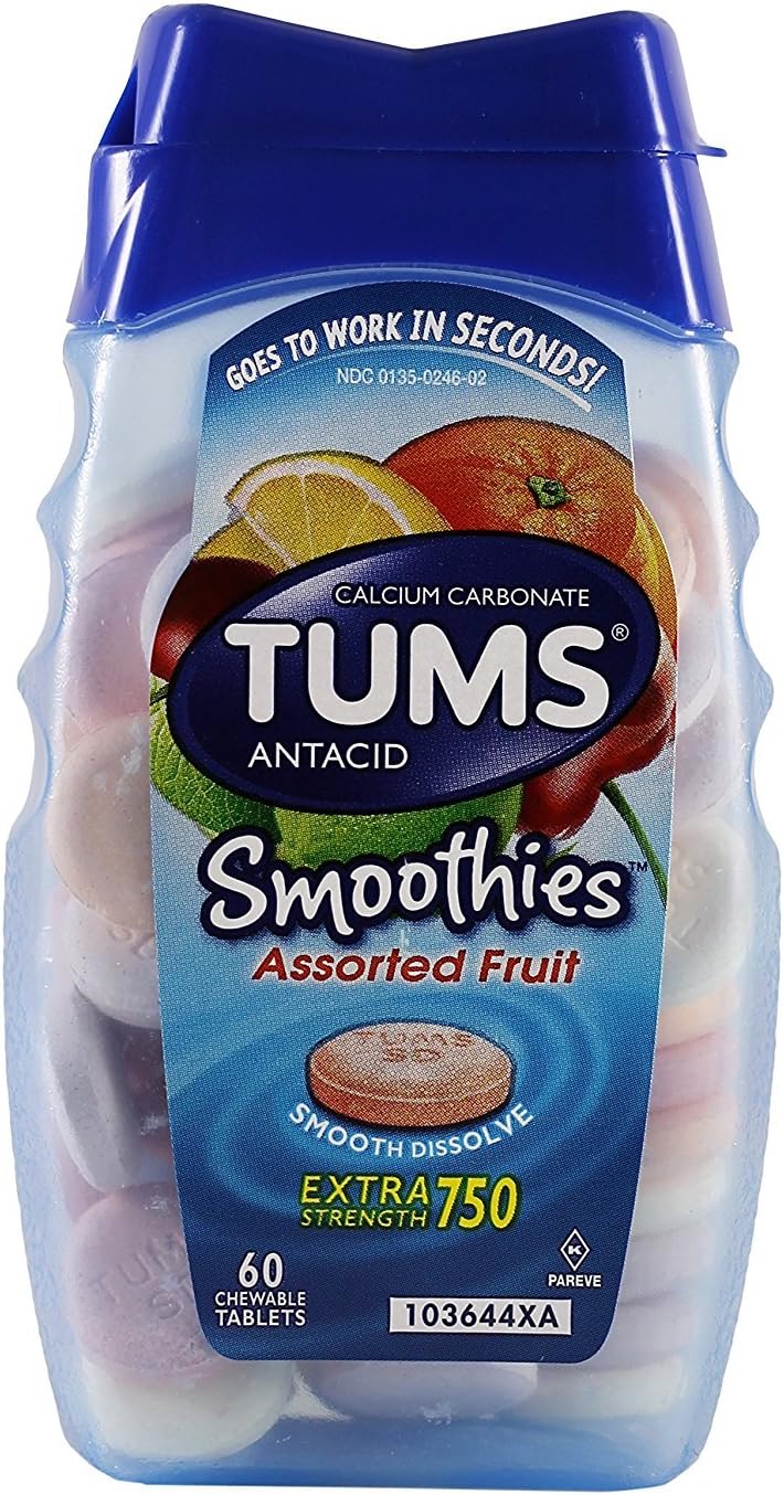 Tums Smoothies Assorted Fruit, 60 Chewable Tablets, (Pack