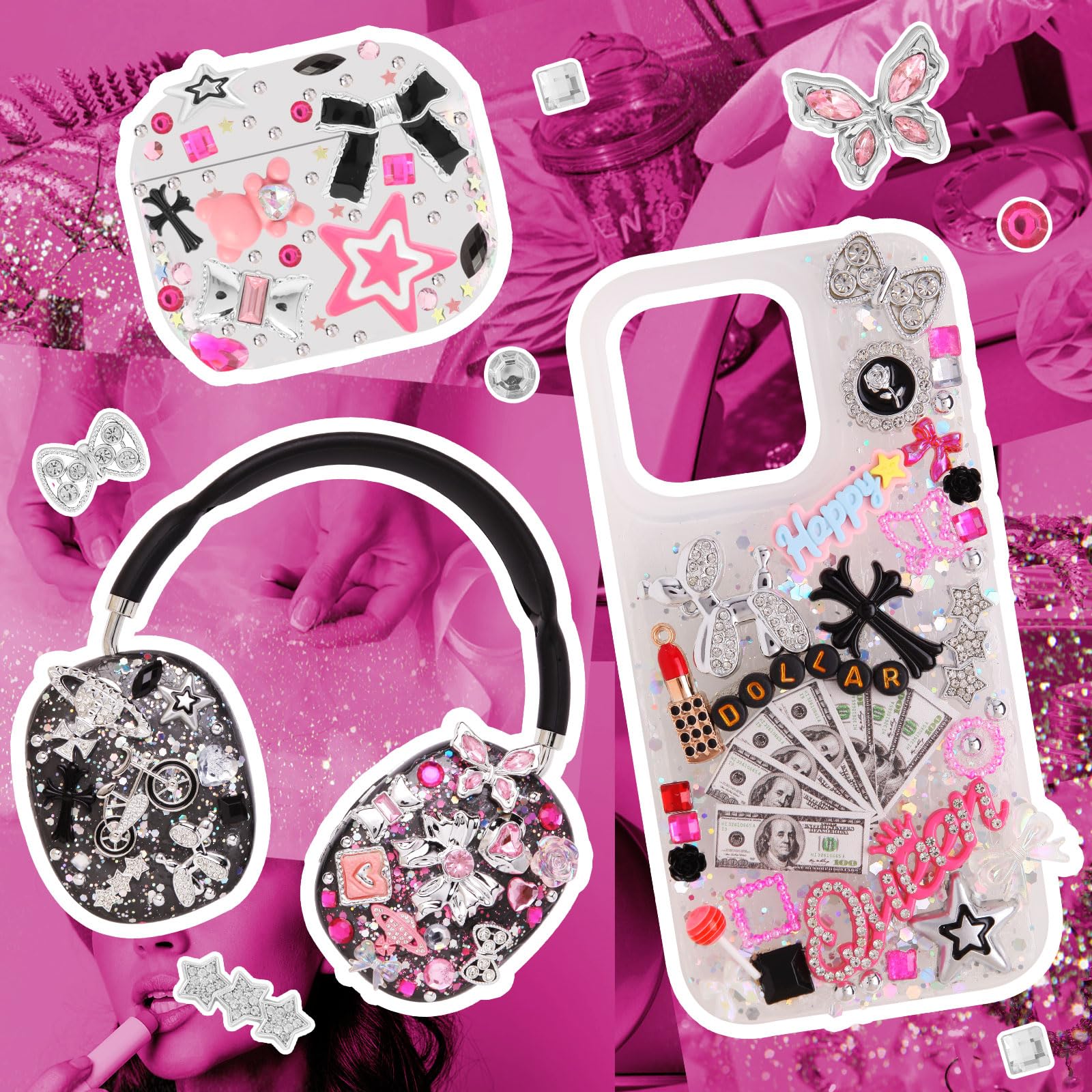 2380 Pcs Junk Phone Case Charms Kit,Charms for Customizing Diy Cases ，With Nail Accessories,Cute Bow,Flatback Pearls,Star,Love, Candy,Letter Beads,Cute Aesthetic Big Decor for Personalization