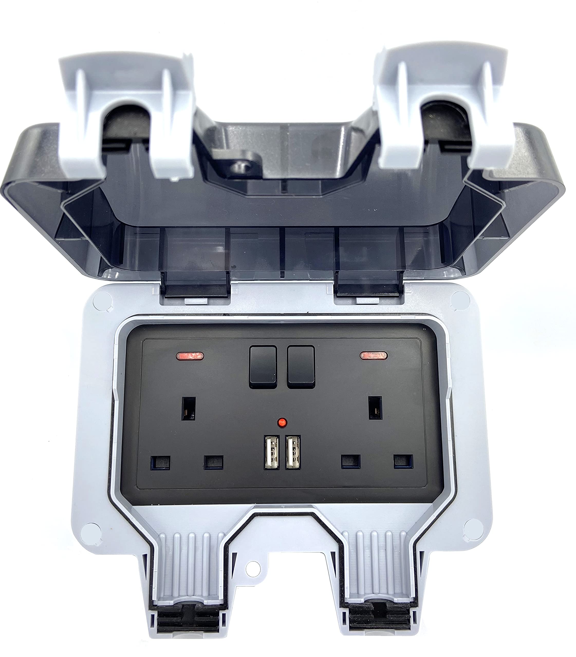 Standard UK Black Weatherproof Waterproof IP66 Outdoor BOX Wall Socket 13A Double Switched Outlet With USB Charging Port
