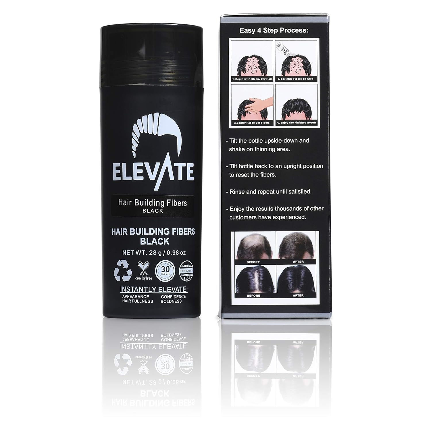 ELEVATE Hair Fibers for Thinning Hair (BLACK) 100% Natural & Undetectable Keratin Hair Fibers to Instantly Thicken Thinning & Balding Hair in 30 sec for Men & Women - Natural Hair Loss Concealer 28g: Beauty