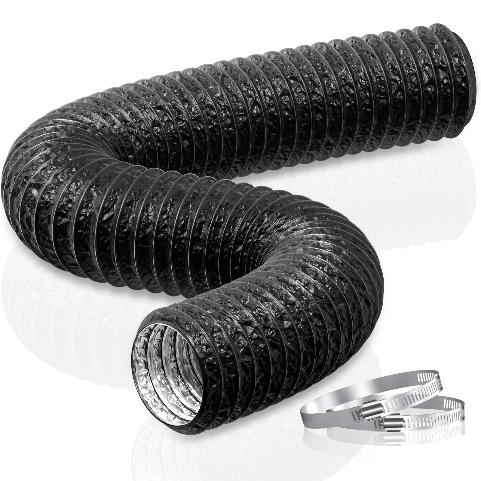 HG Power 100mm Ducting Length 5m PVC Aluminium Flexible Ventilation Duct Tumble Dryer Vent Hose with Clamps for Hydroponics Extractor Fan, Cooker Hood, Bathroom, Toilet, Black