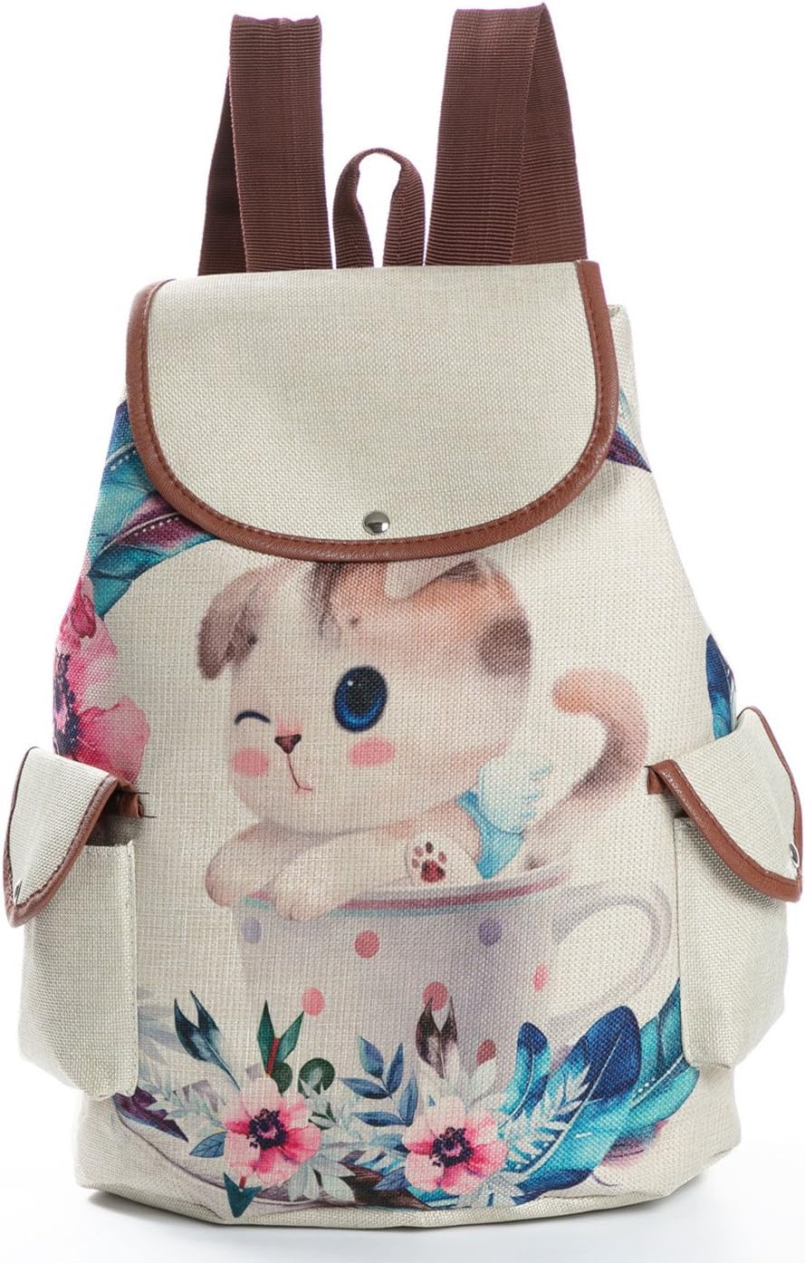 KIDVOVOU Canvas Cartoon Print School Backpack Women Embroidery Book Bags Daypack