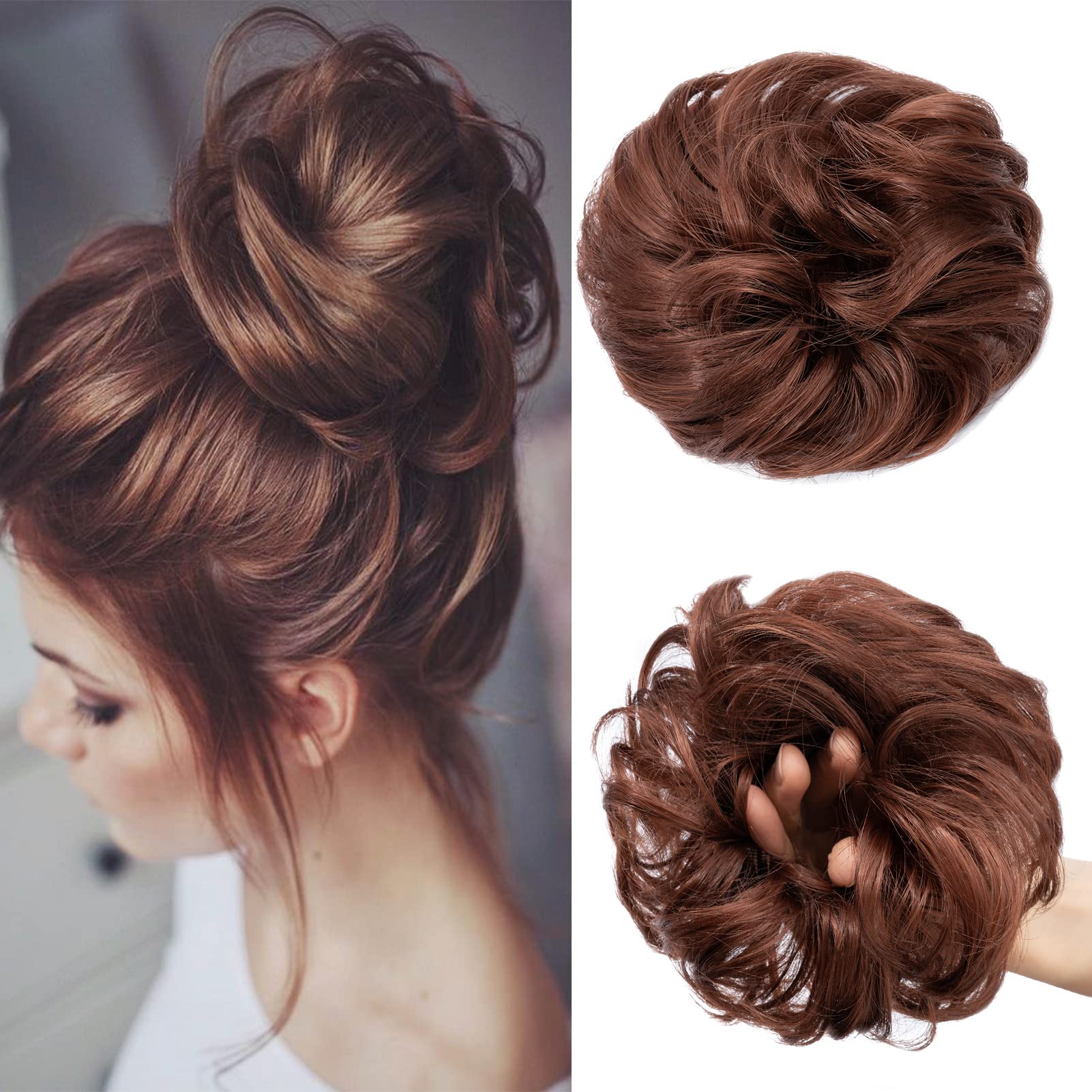 Cybelleza Scrunchy Bun Updo Hairpiece - Wavy Curly Messy Hair Bun Donut Hair Chignons - Auburn