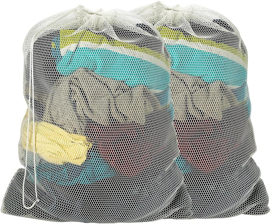 AKPOWER Commercial Mesh Laundry Bag Sturdy White mesh Material with Drawstring 23.6" x 35.5" (Pack of 2)