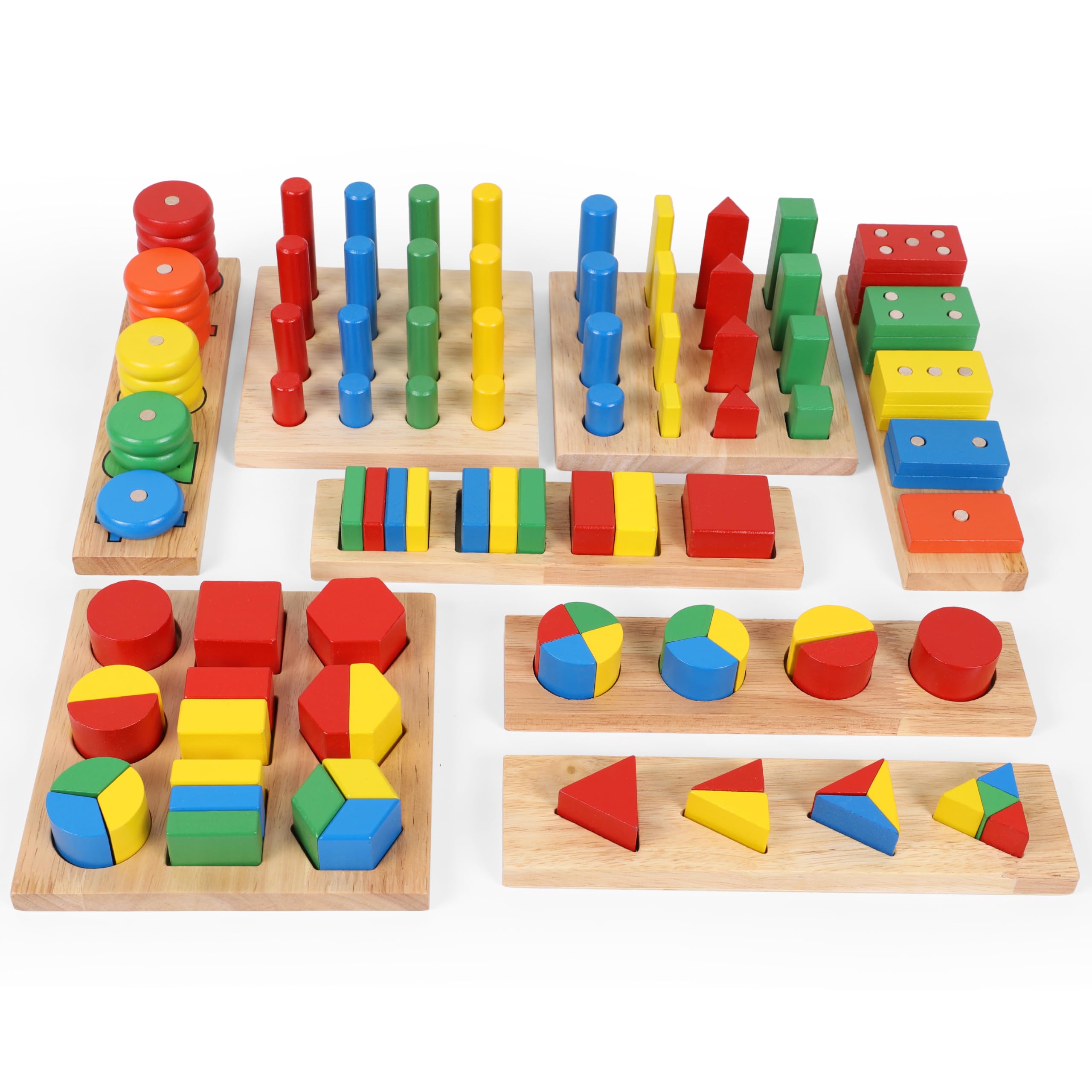 TOWO Wooden Geometric Shapes Stacking Rings and Fractions Boards 8 in 1- Shape Sorter Sorting Toy Game – Montessori Materials Educational learning toys for 3 4 5years