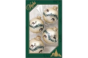 Glass Christmas Tree Ornaments - 67mm/2.63" [4 Pieces] Decorated Balls from Christmas by Krebs Seamless Hanging Holiday Decor (Oyster Velvet w/Brown Deer & Garland)