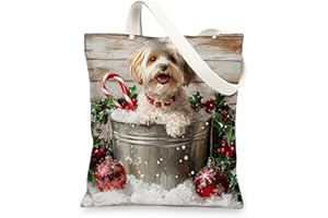 Christmas Havanese Dog Canvas Tote Bag for Shopping 13 * 15, Cute Xmas Wood Reusable Grocery Shoulder Bag for Women, Pet Pain