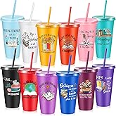 Chuangdi 12 Pcs Book Lovers Gifts 24 oz Reusable Plastic Tumbler with Lids and Straw Book Club Bookworms Gifts for Reader Librarian Office Coworkers (Multicolor)