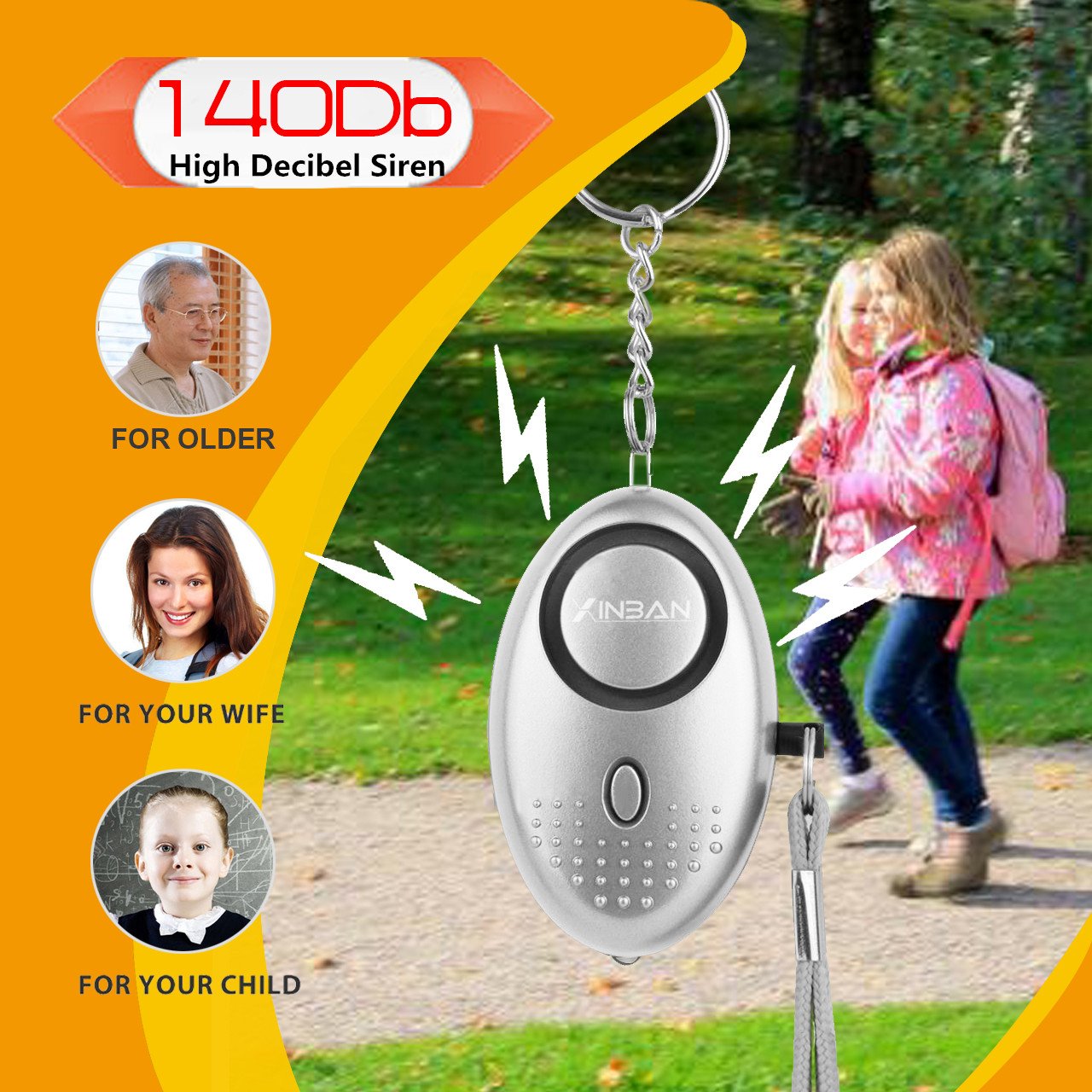 Persönlicher Schlüsselalarm Personenalarm 140dB für Frauen Panikalarm Schlüsselanhänger Sirene, mit LED Fackel(1er Silber)