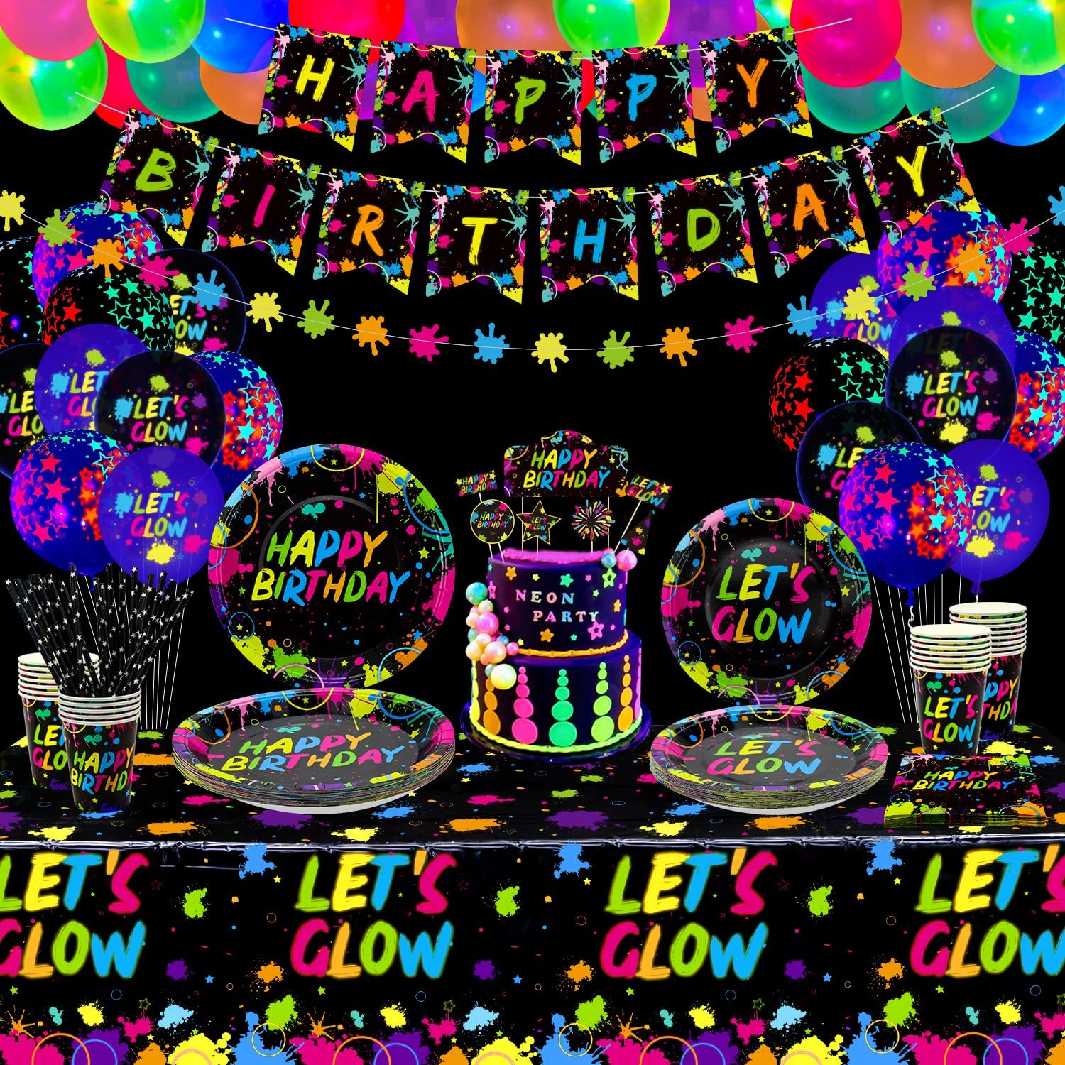 165 Pieces Glow Neon Party Supplies - Neon Balloon, Glow in the Dark Birthday Banner, Garlands, Cake Topper, Tablecloth, Plates, Napkins and Cup for Blacklight Party Decorations, Serves 20 Guest