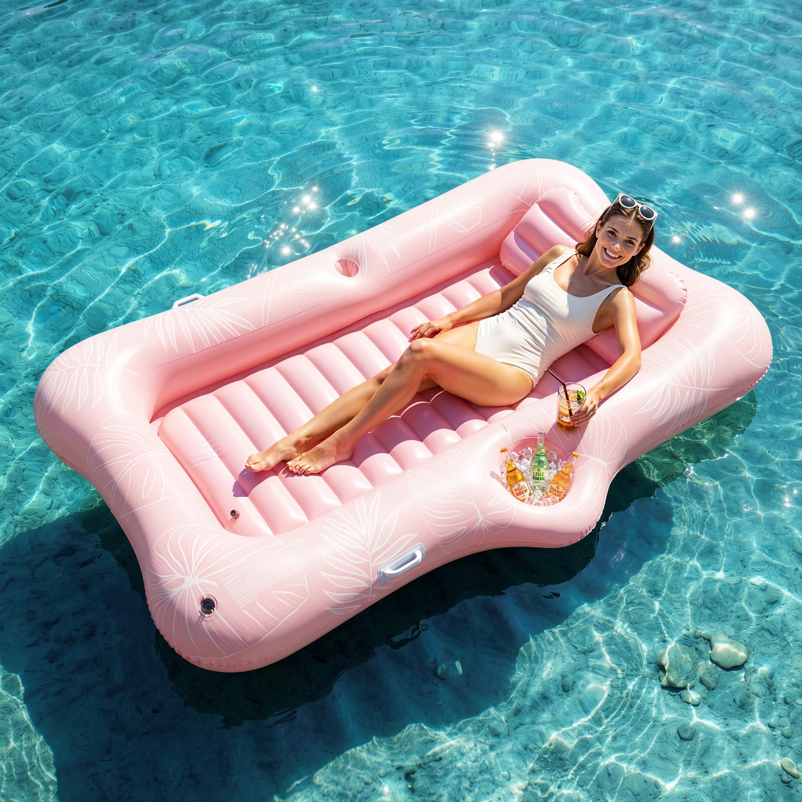 HeySplash Inflatable Pool Float Lounge, Large Inflatable Pool Floats Boat for Adults with Cup Holder & Detachable Pillow, Tanning Pool Lounger Float for Outdoor Lake River Summer Water Party,Pink Leaf