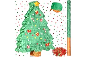 Qeeenar Christmas Tree Pinata 16 Inch Christmas Pinata with Stick Blindfold and Confetti Pack Christmas Mexican Pinata Bundle for Boys Girls Birthday Xmas Holiday Pinata Game, As Shown in Picture