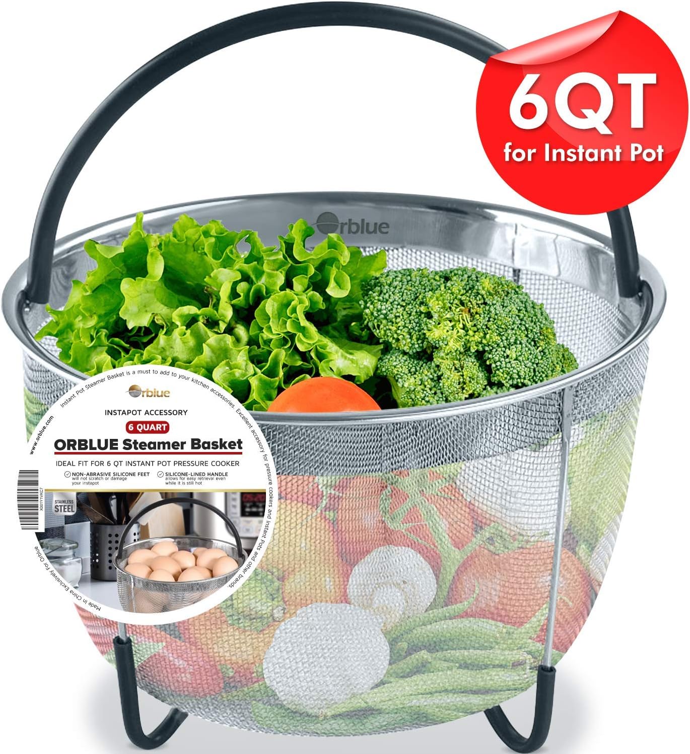 ORBLUE Steamer Basket for Instant Pot 6 Quart Accessories [3qt 8qt Avail] fits InstaPot, Ninja Foodi, Other Pressure Cookers, Strainer Insert for Insta Pot Ultra, Silicone Handle, for Instant Pot 6 Qt