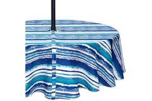 YiHomer Indoor Outdoor Tabletop for Spring Summer Decorations, Picnics and Dinner Parties - Stain and Water Resistant, Crayon Art (Ocean), Zipper Tablecloth, 60" Round with Umbrella Hole